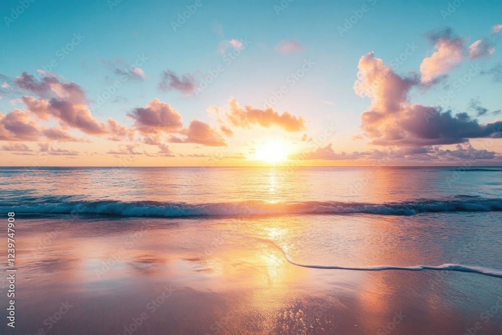 Poster breathtaking sunrise over calm ocean waters with clouds and gentle waves at the beach during early m