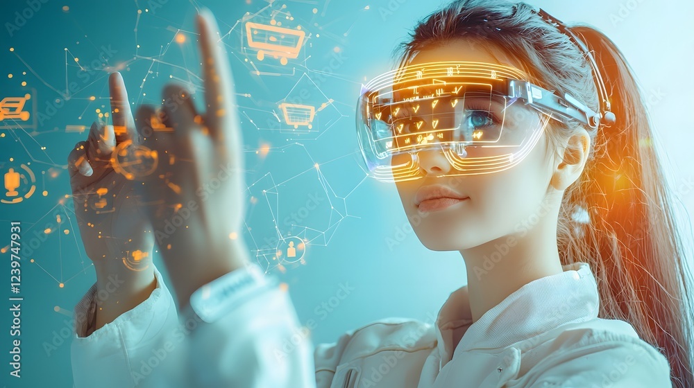 Poster futuristic holographic shopping assistant analyzing product ratings reviews and market data to provi
