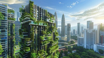 Obraz premium Futuristic eco friendly vertical city with lush green towers renewable energy systems and sustainable mixed use architectural design Conceptual of a visionary urban landscape of the future