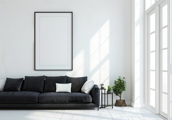 Minimalist living room with a black sofa. a large framed poster. a plant. and a side table. with natural light streaming in through the window