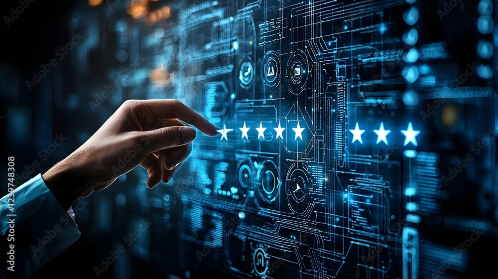 Fototapete Glowing blue digital interface panel displaying a user experience rating system with a human hand selecting stars  Represents the concept of data visualization analytics and digital feedback