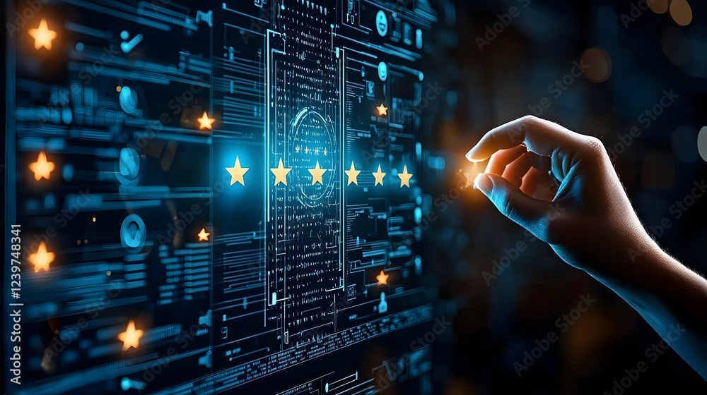 Poster glowing blue user experience rating panel with human hand selecting or assessing stars for feedback 