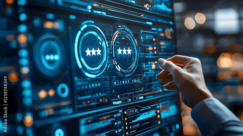 Fototapete glowing blue user experience rating panel with human hand selecting stars on futuristic digital inte