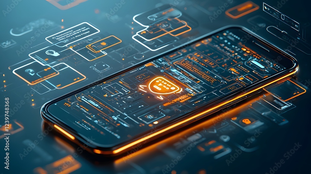 Leinwandbilder Glowing chatbot icon with speech bubbles and messaging interface appearing around a modern mobile device or smartphone screen representing digital intelligence and interactive technology