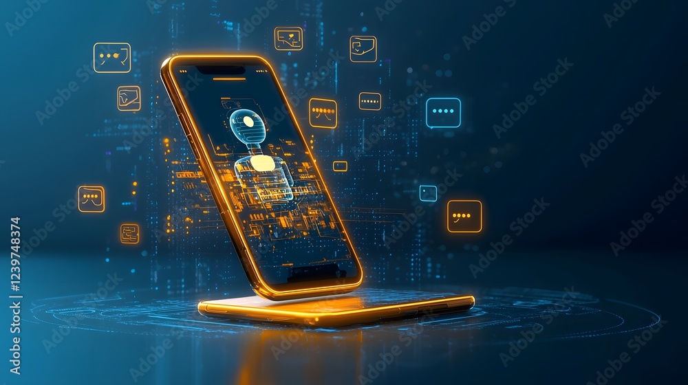Leinwandbilder Glowing chatbot icon displayed on a mobile device with speech bubbles appearing around it representing digital communication virtual assistance and interactive software applications