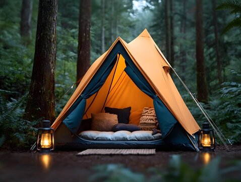 Cozy camping tent nestled in a serene forest clearing its interior decked with plush textiles and cushions softly illuminated by the warm glow of lanterns