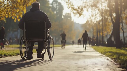 Golden Hour Stroll: A Person in a Wheelchair Enjoying an Autumn Park