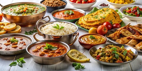 Fototapeta premium Indian Cuisine Buffet: A Feast of Traditional Dishes on a White Table