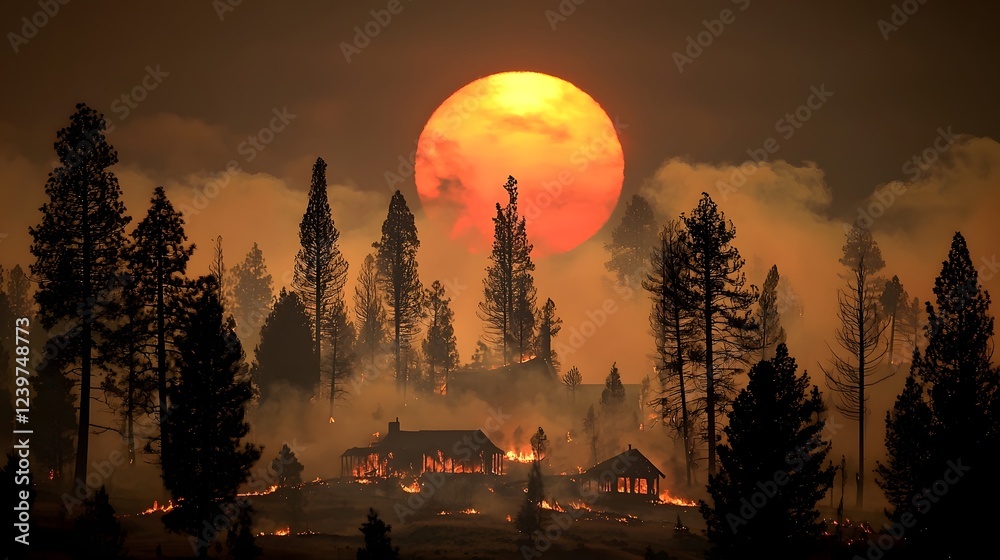 Poster glowing red sun barely visible through thick smoke and haze in a wildfire ravaged forest landscape d
