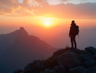 Fototapeta premium Hiker standing on top of a mountain at sunrise enjoying the breathtaking view