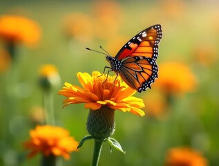 Obraz premium Vibrant butterfly resting on a colorful wildflower in a meadow