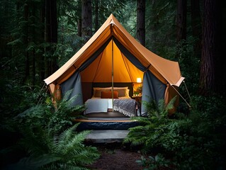 Cozy forest nestled tent the inner space adorned with lush textiles and comforts for a peaceful respite impressionistic landscape painting glowing chiaroscuro lighting nostalgic pastoral atmosphere