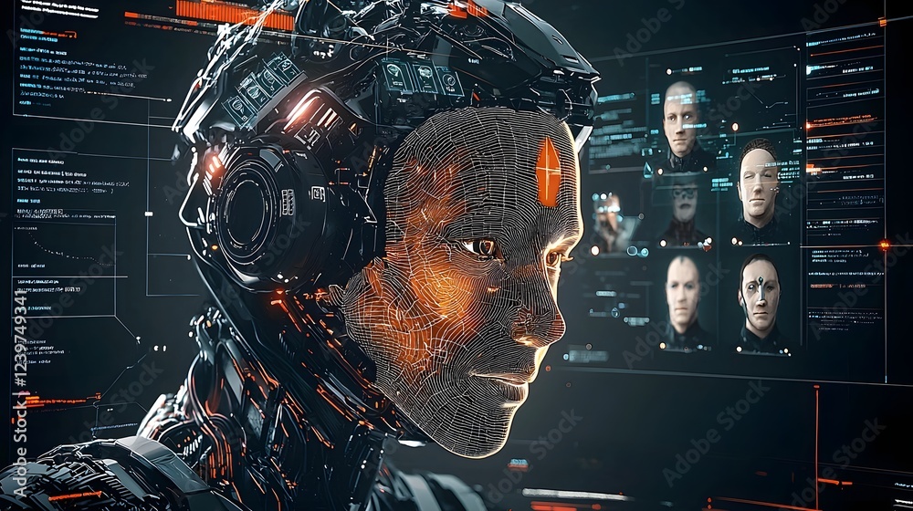Fototapete Highly advanced biometric face recognition system with futuristic cyber HUD interface for secure identity verification data analytics and real time intelligence monitoring