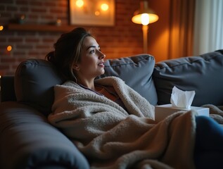 Fototapeta premium Young woman relaxing on couch watching television, covered with blanket and tissues nearby