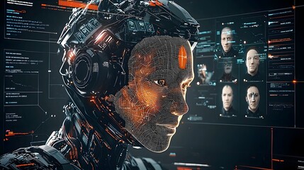 Highly advanced biometric face recognition system with futuristic cyber HUD interface for secure identity verification data analytics and real time intelligence monitoring