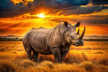Obraz premium African sunset illuminates a magnificent rhino, a breathtaking wildlife portrait from a Big Five safari.