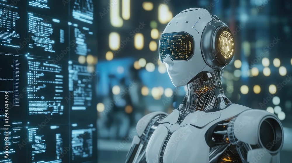 Poster advanced ai robot analyzing data streams in futuristic cityscape