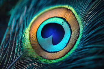 Obraz premium Close-up of a vibrant peacock feather with shimmering blue and green hues