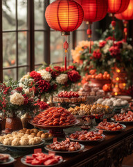 Vibrant Red-Themed Lunar New Year Dining Table with Traditional Chinese Dishes, Hanging Lanterns, and Lucky Red Envelopes at Each Seat for a Warm Festive Gathering