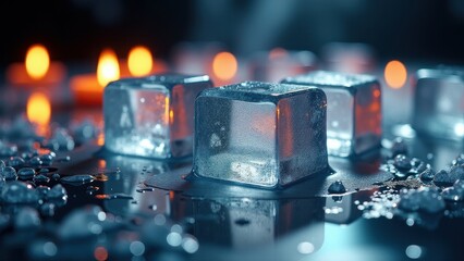 Melting ice cubes on a reflective surface with burning candles in the background	