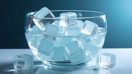 Glass bowl filled with ice cubes surrounded by snow on a reflective surface	