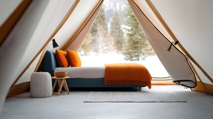 Cozy Scandinavian Style Tent Retreat in Snowy Forest Wonderland with Breathtaking Winter Landscape Beyond the Flaps  Rustic Inviting Interior with Warm Furnishings and Cinematic