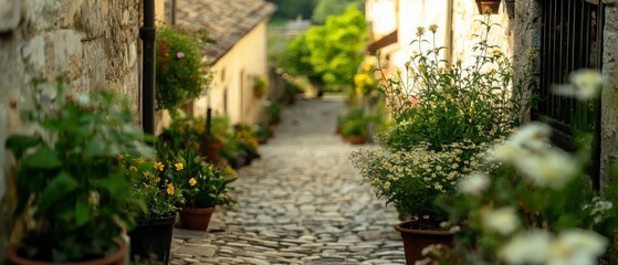 Fototapeta premium Charming European Cobblestone Street Potted Plants Flowers Travel
