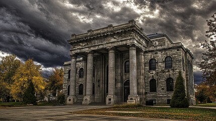 Fototapeta premium Grand Courthouse with Towering Stone Columns and Dramatic Dark Clouds, Highlighting the Building's Solemnity and Importance
