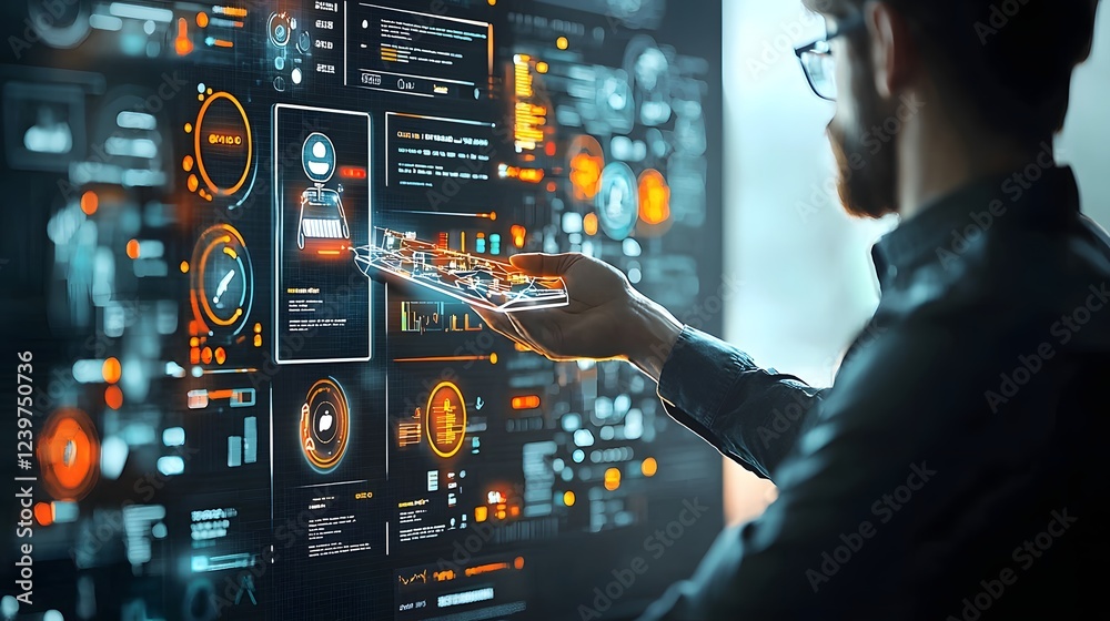 Poster neon lit interface guiding user through travel ticket booking process futuristic digital dashboard w
