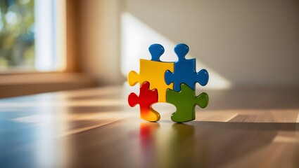 Realistic Autism Awarness Day Photograph with Puzzle Piece on Wooden Surface. Warm natural tones with sunlight and a blurred background. Ultra HD and photorealistic.