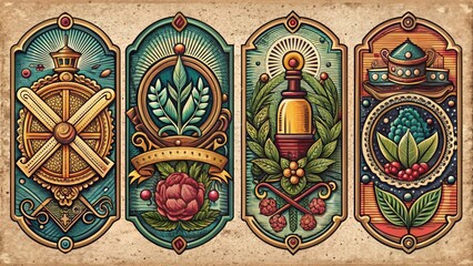 Aged branding and classic labels grace this vintage design, featuring antique tags and an old paper texture.