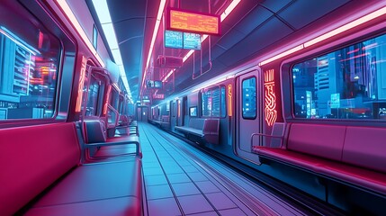 Futuristic Train Interior with Neon Lights and City Views
