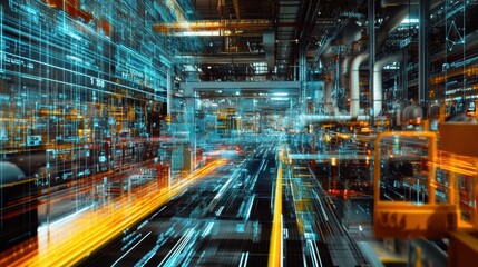 Fototapeta premium Futuristic automated assembly line enhancing efficiency and productivity in a smart factory, showcasing innovative manufacturing processes with integrated digital systems and data visualization