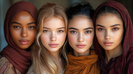 Obraz premium Diverse Group of Four Women Showcasing Different Cultures and Styles with Unique Headscarves and Natural Beauty in a Soft Light Setting