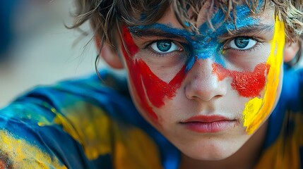 Passionate Sports Fan Showing Enthusiasm and Team Spirit with Fully Painted Face in Vibrant Team Colors Cheering and Celebrating at a Competitive Sports Game or Event