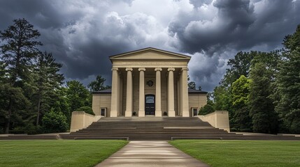 Obraz premium Dramatic Courthouse Exterior with Towering Stone Columns and Grand Entrance Under Dark Clouds, Emphasizing Solemnity and Importance