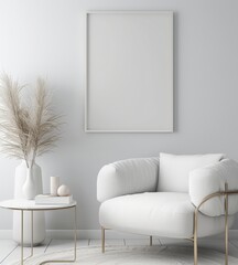 A white armchair with a gold frame sits in a minimalist living room next to a round coffee table. a vase of dried pampas grass. and a large blank canvas