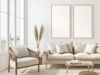 Fototapeta premium Minimalist living room with a beige sofa. armchair. and two empty picture frames