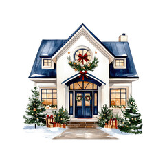 Obraz premium Charming winter house adorned with festive decorations, surrounded by snow and Christmas trees, perfect for holiday themes.