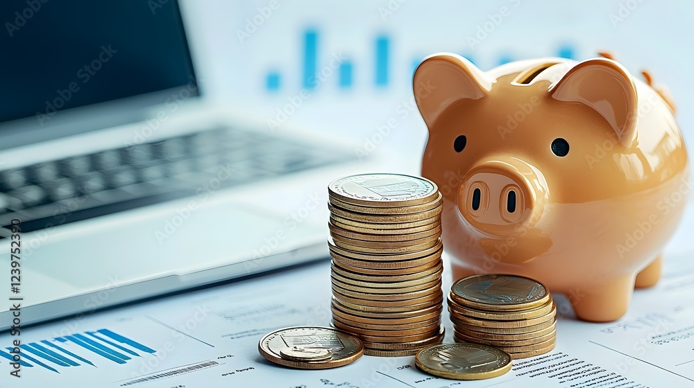 Poster piggy bank and stacked coins with a laptop and financial documents in the background showing financi