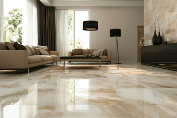 Fototapeta premium Elegant open-concept room with polished marble floors and modern interior design