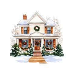 Charming winter house with snowy landscape, adorned with festive wreaths and holiday decorations, perfect for seasonal imagery.