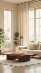 Fototapeta premium Elegant minimalist living room with a neutral palette, large windows, and plants, offering a peaceful and modern space for relaxation and stylish home design.