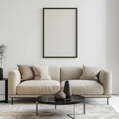 Minimalist living room interior with a beige sofa. a coffee table. and a blank picture frame on the wall