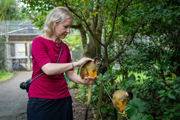Blonde woman gently cradles a squirrel monkey; another curious monkey watches nearby in a vibrant...