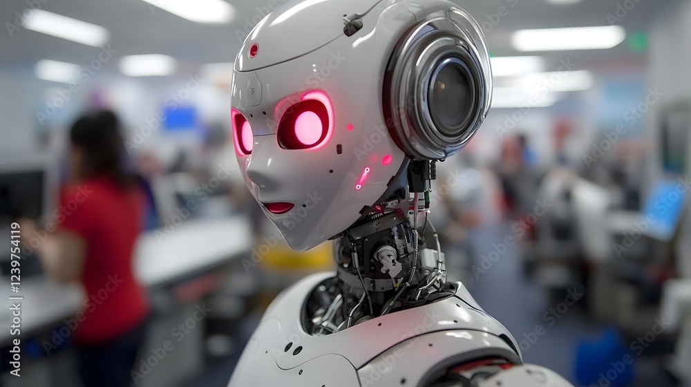 Poster Robotic Chatbot Avatar Appearing on a Smartphone Display Screen   Futuristic Digital Communication and Intelligent Interface Concept