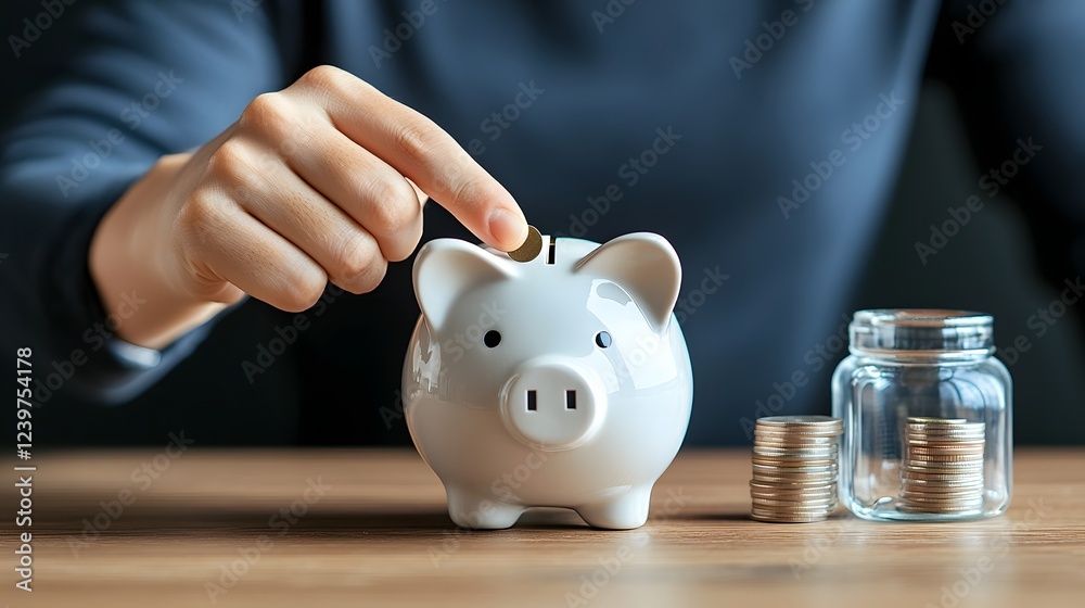 Poster saving and financial planning concept with piggy bank coins and office desk setup for investment and