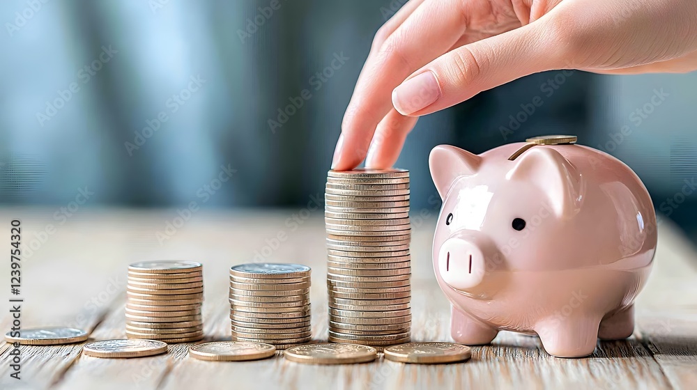 Poster saving money in a piggy bank with a hand reaching out to add more coins to the growing stack of fina