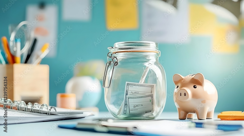Poster savings jar and piggy bank placed on a desk representing the concept of emergency fund planning and 