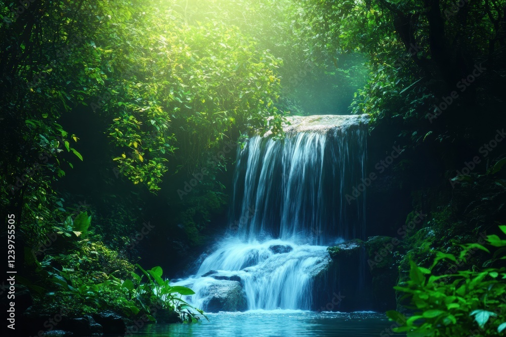Aufkleber sunlight filters through lush greenery at a tranquil waterfall in a tropical forest setting. generat